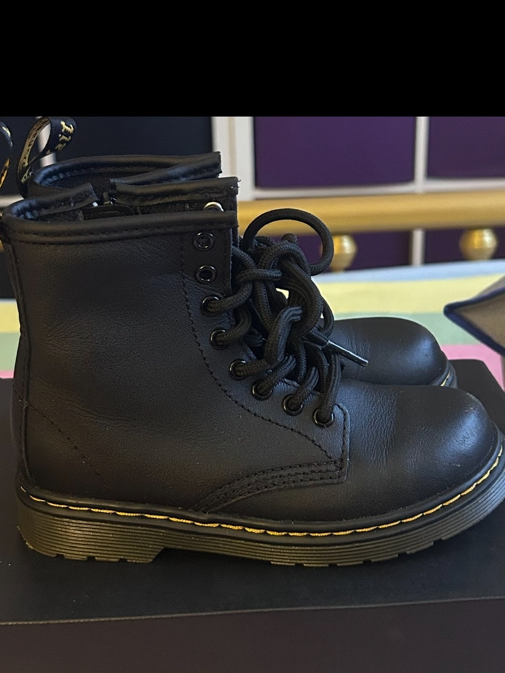 Dr. Martens Kids Black Lace-Up Ankle Boots with Yellow Stitching - Picture 3 of 5